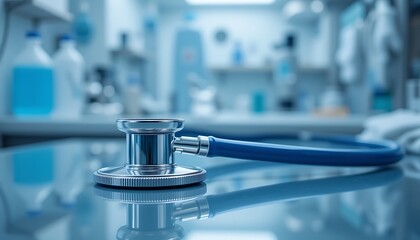 Obraz premium Elegant Stethoscope on a Reflective Surface in a Hospital Setting