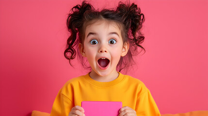 Surprised Little Girl Holding Pink Gift Box Against Pink Background