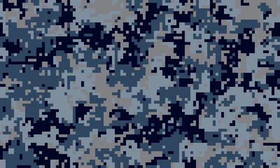 Fototapeta premium Abstract digital camouflage pattern in shades of blue and gray. Ideal for backgrounds, textiles, militarythemed designs, or adding a tactical feel to any project.