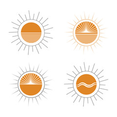  Sun icon set. Yellow sun icons. Shine sun ray set. Sunset icon collection. Yellow sun star icons. Hot solar energy for tan. Vector illustration
