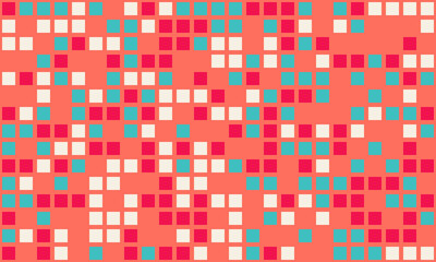 Fototapeta premium Abstract geometric mosaic pattern. Vibrant coral, teal, and white squares create a dynamic, playful design. Ideal for textile prints, website backgrounds, and modern branding.