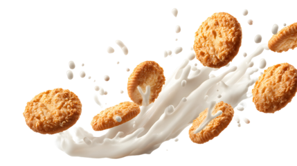 A white background with a white liquid and a bunch of cookies flying through it