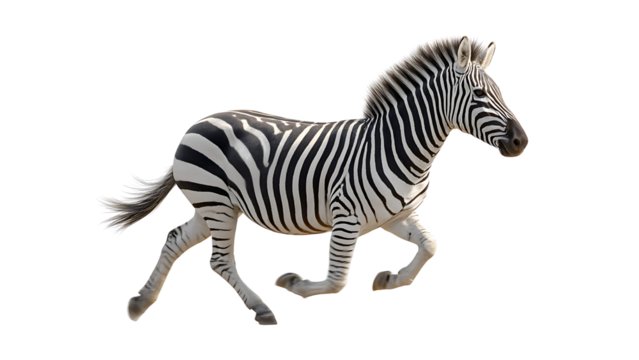 Zebra running isolated on transparent background, showcasing its distinctive black and white stripes in a dynamic pose