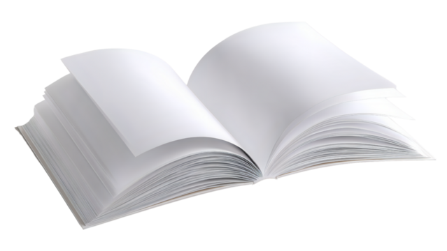 Open book with blank white pages isolated on transparent background, ready for your text and graphics