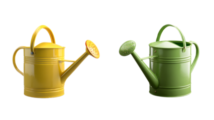 Two watering cans, one yellow and one green, isolated on transparent background