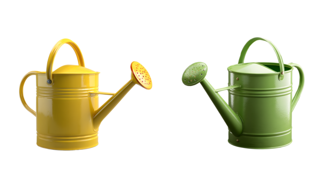 Two watering cans, one yellow and one green, isolated on transparent background