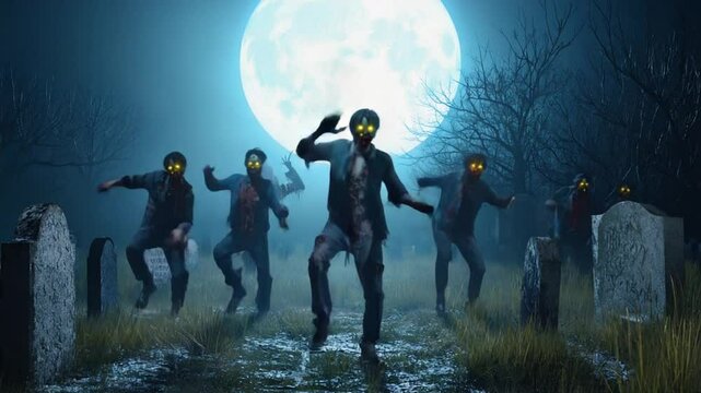 Zombies tattered clothes performing a funny exaggerated version Thriller dance zombies stumbling tripping gravestones, eerie fog full moon playful chaotic, glowing eyes skeletal features