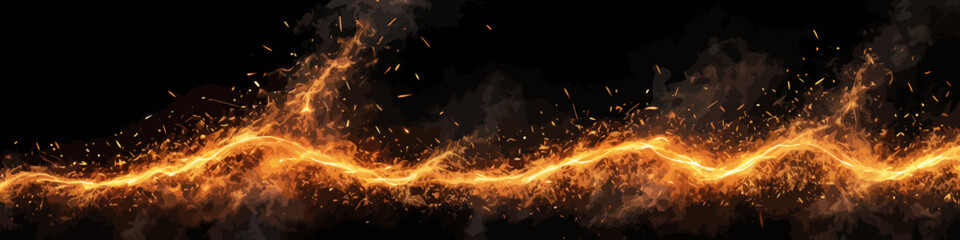 Fiery Energy Stream on Black - Abstract Lightning Bolt - Sparkles and Smoke Effect - Dynamic Power Background - Orange Electrical Charge