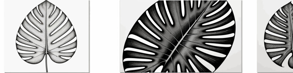 Monstera Leaf Trio Art Prints - Black and White Botanical Wall Decor - Modern Tropical Foliage Artwork for Home or Office - Nature Inspired Design