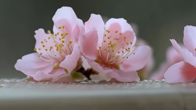 Delicate close-up of two soft pink peach blossoms showcasing intricate details of petals and golden stamens, promoting natural beauty and springtime