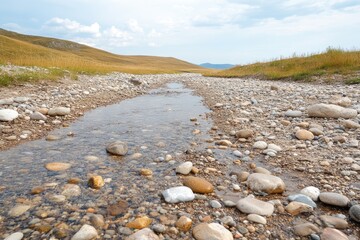Shallow creek winding through hills