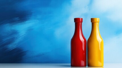 Two vibrant sauce bottles, one red and one yellow, are placed side by side on a white table against a soft blue backdrop. They create a striking visual contrast and an inviting look.