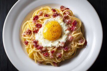 Spaghetti Carbonara Pasta Gericht Original Carbonara mit Eigelb Italienisch Speck Sahnesauce Nudeln Rezept Klassisch Spaghetti Gericht Italienische Küche Pasta Nahaufnahme Essensfoto