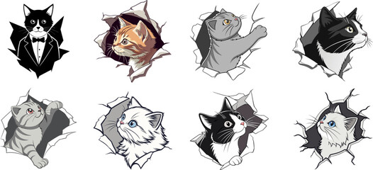 Funny Cats Peeking Through Torn Paper 
