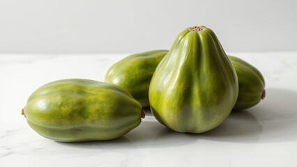 Microstock Analysis: Fresh Green Avocado Bunch and Two Single Avocados on Marble Surface