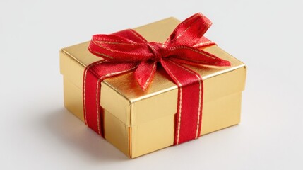 Obraz premium Golden gift box with red ribbon bow, symbolizing luxury and celebration