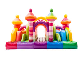 Big colorful bouncy castle, colorful inflatable bouncy castle toy isolated on white background, concept of children's playground, outdoor toy.