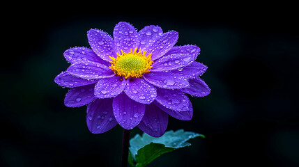 Purple Dahlia with Dew Drops on Dark Background