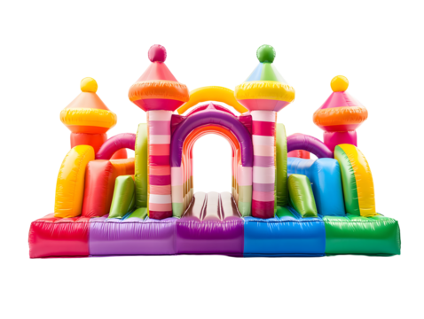 Big colorful bouncy castle, colorful inflatable bouncy castle toy isolated on white background, concept of children's playground, outdoor toy.