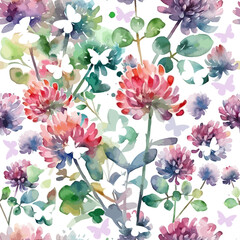 Seamless watercolor pattern with colorful wildflowers. Clover Watercolor Flower with Butterflies. hand drawn. Not AI, Vector illustration