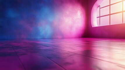 A vibrant, illuminated room featuring a colorful gradient of pink and blue on the walls and floor, perfect for creative projects or backgrounds.
