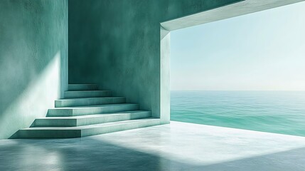 Obraz premium A serene, minimalistic interior with stairs leading to a large, bright window showcasing a tranquil ocean view, evoking calm and relaxation.