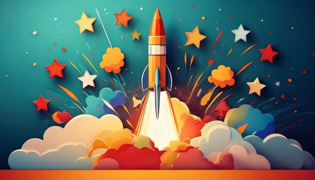 celebrate the arrival of april with a rocket launching amidst colorful stars and clouds in a joyful playful scene