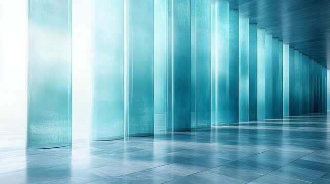 A serene and modern interior featuring translucent blue columns and a glossy floor, creating a tranquil atmosphere filled with light.