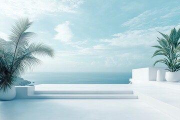Beautiful ocean view from a modern white terrace with vibrant tropical plants in pots. Elegance and simplicity blend to create a serene, relaxing, and refreshing environment under a clear blue sky