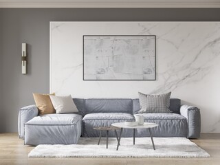 Mock up a living room with an interesting design with a comfortable spacious sofa and a stylish decorative background, 3D rendering.
