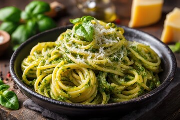 Spaghetti Pesto Pasta Gericht Pesto Spaghetti Basilikum Pasta Italienisch Essen Spaghetti mit Parmesan Grünes Pesto Rezept Pesto Nudeln Mittagessen Italienisch Vegetarisch