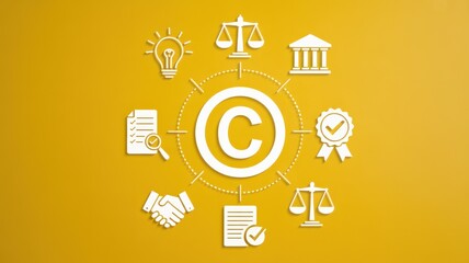 Copyright protection and intellectual property rights concept on yellow background, licensing and regulation.