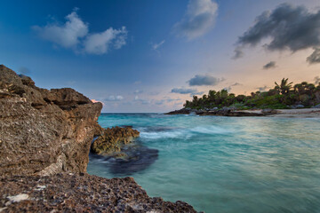 Beautiful beach at the Caribbean sea in Playa del Carmen at sunset, Mexico