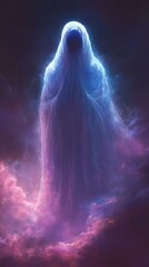 A captivating ethereal figure amidst clouds of vivid colors, exuding a mystical and otherworldly aura, perfect for fantasy and sci-fi themes.