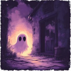 A mystical, glowing ghost in a spooky alley at night, surrounded by dark, moody colors and an eerie atmosphere. Perfect for Halloween themes.