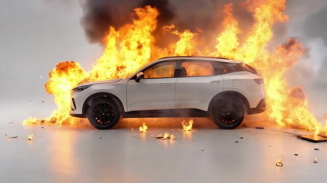 Car exploding dramatically in a white studio environment, highlighting cinematic destruction and visual effects power.