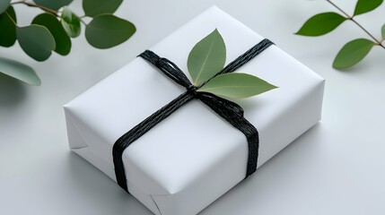 White Gift Box with Black Beads and Eucalyptus Leaves