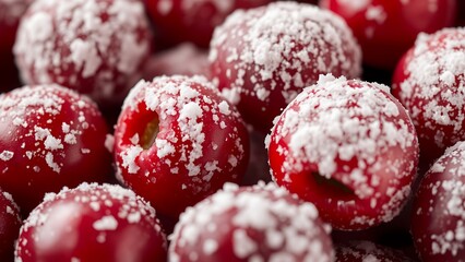 Close-up Texture of Powdered Raspberries, Red Berries in a Group