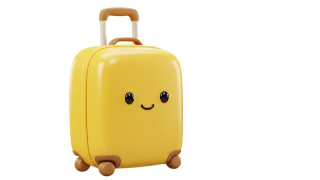 A yellow suitcase with a cute face and brown handles on a white background for travel concept art