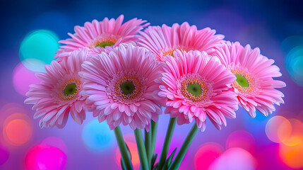 Pink Gerbera Daisies Bouquet Closeup with Colorful Bokeh Background