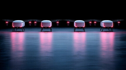 Futuristic Drone Delivery Fleet at Night with Pink Neon Lights
