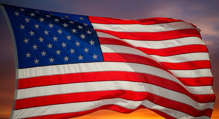 Fototapeta premium Close-up of the American flag gently blowing in the wind, dramatic sky background, high detail, realistic lighting