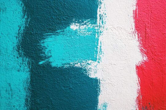 Detail of a vibrant teal blue and red wall featuring a white paint swipe Contemporary d