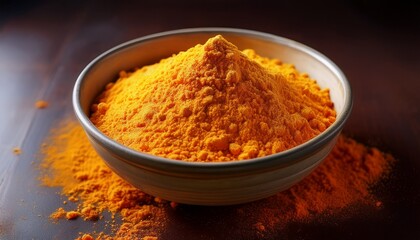 a large ceramic bowl holding bright orange powdered cheese seasoning with a slightly coarse grainy texture