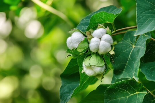 Detailed view of a cotton plant with green bolls amidst vibrant foliage in a garden