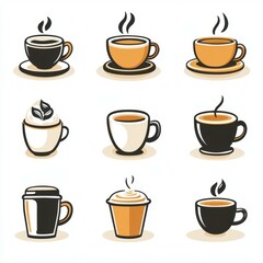 Obraz premium Collection of coffee cup illustrations in various styles and colors highlighting different types of beverages