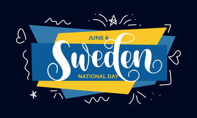 Happy Sweden national day handwritten text in blue and yellow colors. Modern calligraphy, hand lettering typography. National holiday of Sweden on June 6. Vector illustration for greeting card, poster