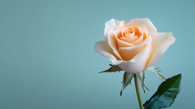 A pale peach rose stands gracefully, highlighting its soft petals and verdant leaves. The light blue background enhances the flower's delicate beauty and charm. - Powered by Adobe