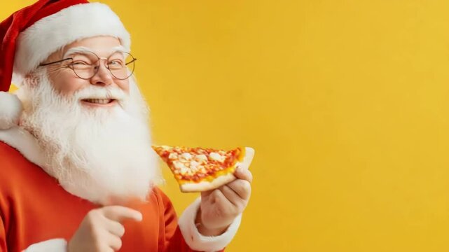 Santa enjoying pizza slice against a bright yellow background.