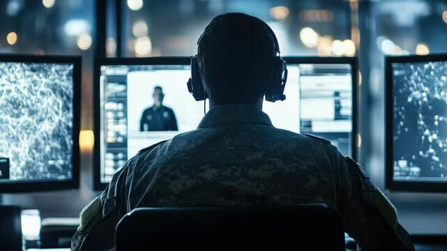 A man in a military uniform sits in front of a computer monitor with a headset on. He is focused on the screen, possibly monitoring a situation or receiving instructions